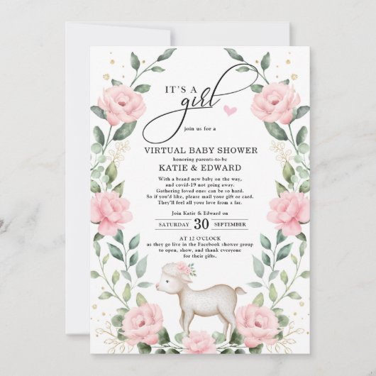 赤面ピンクフローラリースラムバーチャルベビーシャワー 招待状 (正面)