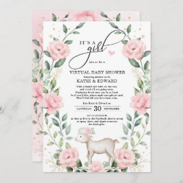 赤面ピンクフローラリースラムバーチャルベビーシャワー 招待状