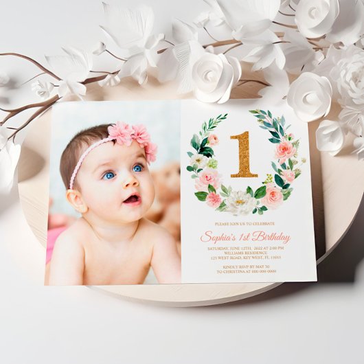 赤面ピンクフローラリース写真1歳の誕生日 招待状