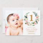 赤面ピンクフローラリース写真1歳の誕生日 招待状 (正面)