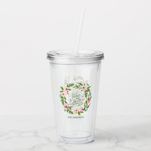 赤面ピンクフローラリース感謝していユー先生ギフト アクリルタンブラー (裏面)