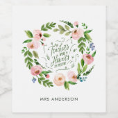 赤面ピンクフローラリース感謝していユー先生ギフト ワインラベル (シングルラベル)