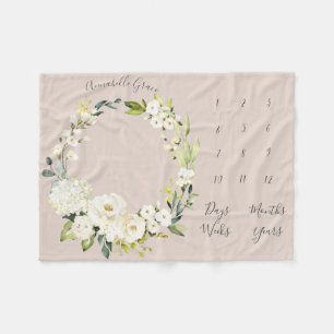 赤面ピンクフローラリース月次ベビーマイルストーン フリースブランケット