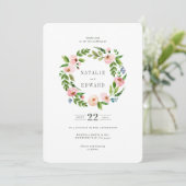 赤面ピンクフローラリース結婚式招待状 セーブザデート (スタンド正面)