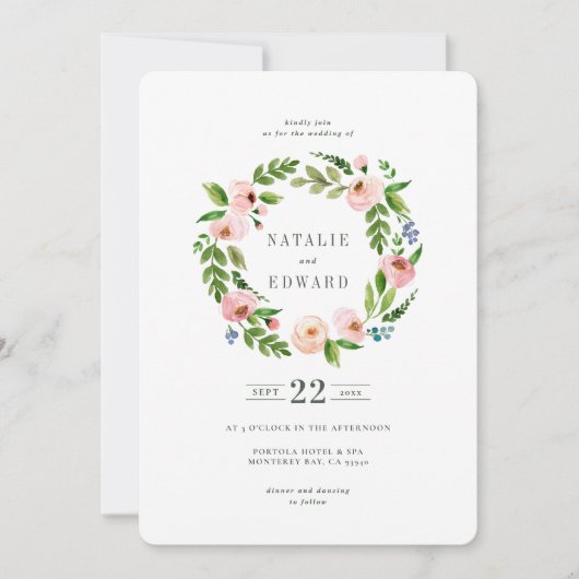 赤面ピンクフローラリース結婚式招待状 セーブザデート (正面)
