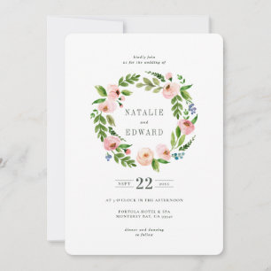 赤面ピンクフローラリース結婚式招待状 セーブザデート