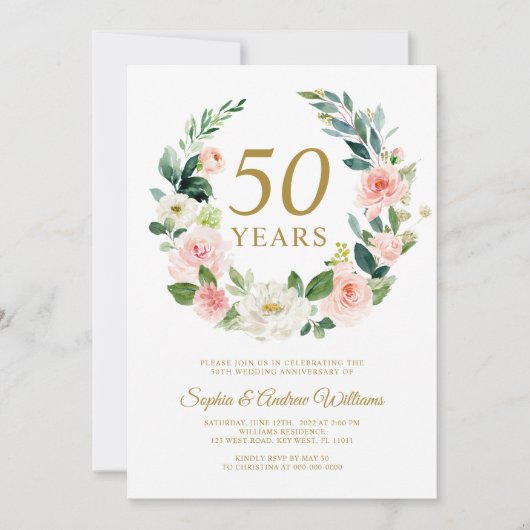 赤面ピンクフローラリース結婚50周年 招待状 (正面)