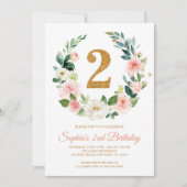 赤面ピンクフローラリース2nd誕生日招待状 招待状 (正面)