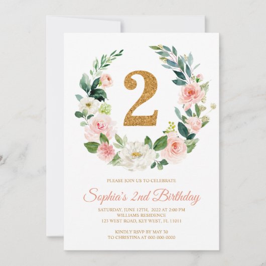赤面ピンクフローラリース2nd誕生日招待状 招待状 (正面)