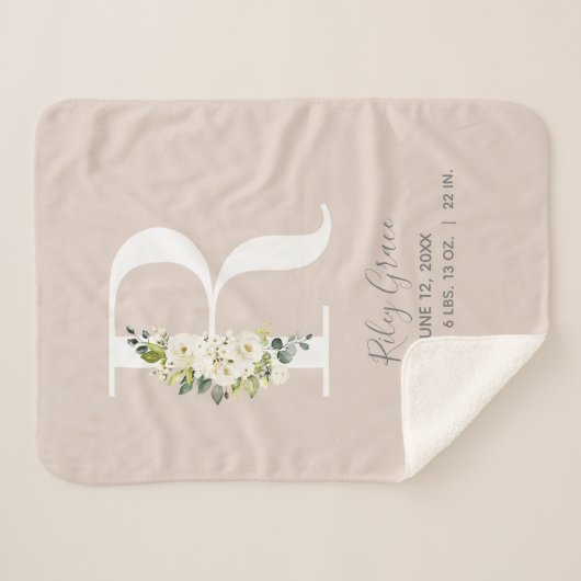 赤面ピンクフローラレターRベビースクリプト誕生統計 シェルパブランケット (正面(横))