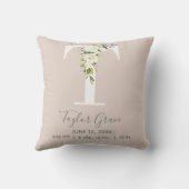 赤面ピンクフローラレターTベビースクリプト誕生統計 クッション (裏面)