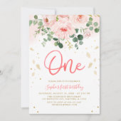 赤面ピンクフローラワンベビーガール1st誕生日 招待状 (正面)