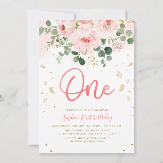 赤面ピンクフローラワンベビーガール1st誕生日 招待状 (正面)