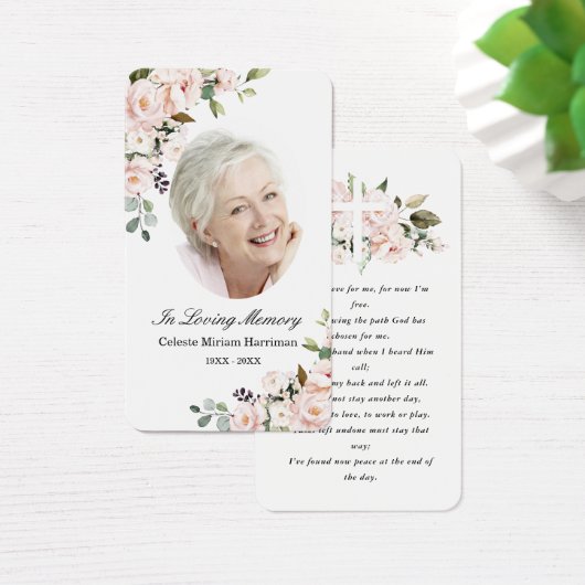 赤面ピンクフローラ写真葬式祈りの言葉カード (デスク)