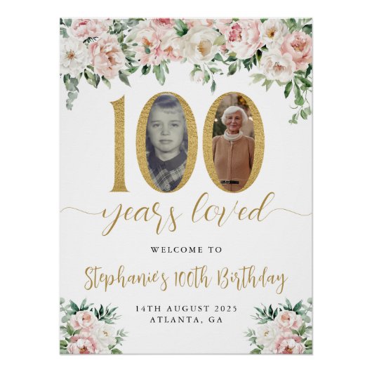 赤面ピンクフローラ写真100th誕生日へようこそ ポスター (正面)