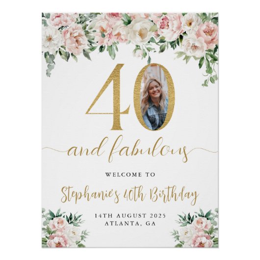赤面ピンクフローラ写真40th誕生日ウェルカムサイン ポスター (正面)