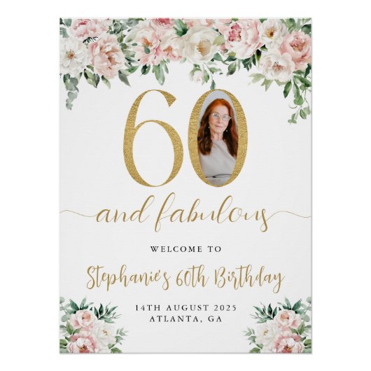 赤面ピンクフローラ写真60誕生日ウェルカムサイン ポスター (正面)