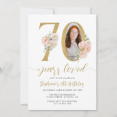 赤面ピンクフローラ写真70番目の誕生日招待状 招待状 (正面)