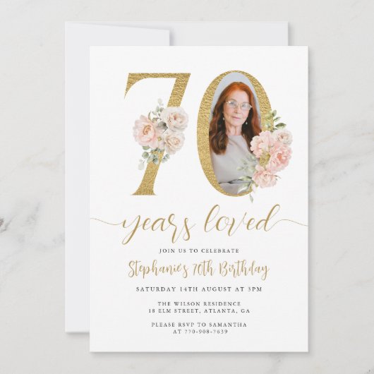 赤面ピンクフローラ写真70番目の誕生日招待状 招待状 (正面)