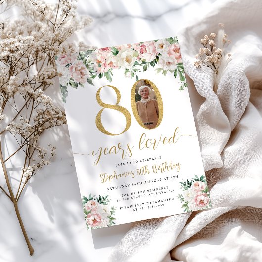 赤面ピンクフローラ写真80番目の誕生日招待状 招待状