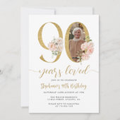 赤面ピンクフローラ写真90番目の誕生日招待状 招待状 (正面)