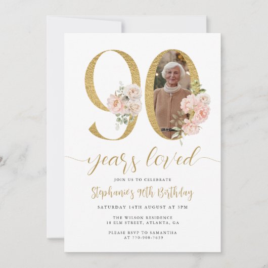 赤面ピンクフローラ写真90番目の誕生日招待状 招待状 (正面)