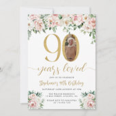 赤面ピンクフローラ写真90番目の誕生日招待状 招待状 (正面)