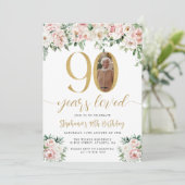 赤面ピンクフローラ写真90番目の誕生日招待状 招待状 (スタンド正面)