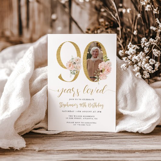 赤面ピンクフローラ写真90番目の誕生日招待状 招待状