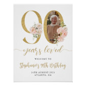 赤面ピンクフローラ写真90誕生日ウェルカムサイン ポスター (正面)