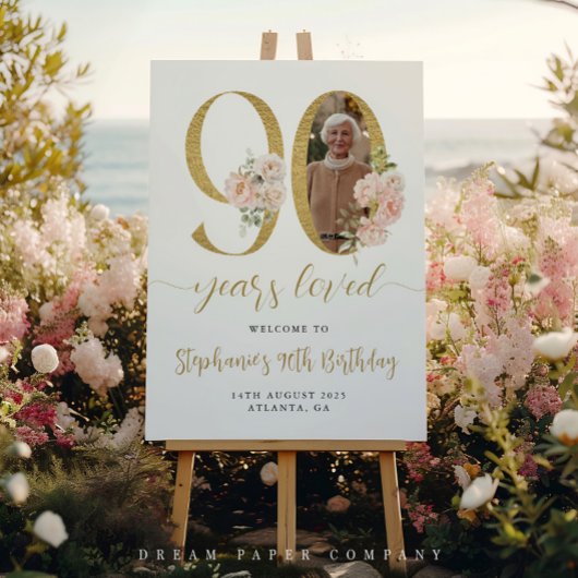 赤面ピンクフローラ写真90誕生日ウェルカムサイン ポスター