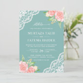 赤面ピンクフローラ卵シェルティール（緑がかった色）ムスリム結婚ズ 招待状 (スタンド正面)