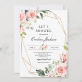 赤面ピンクフローラ及び金ゴールドグリッターブライダルシャワー 招待状 (正面)