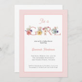 赤面ピンクフローラ女の子ベビーシャワー 招待状 (正面/裏面)