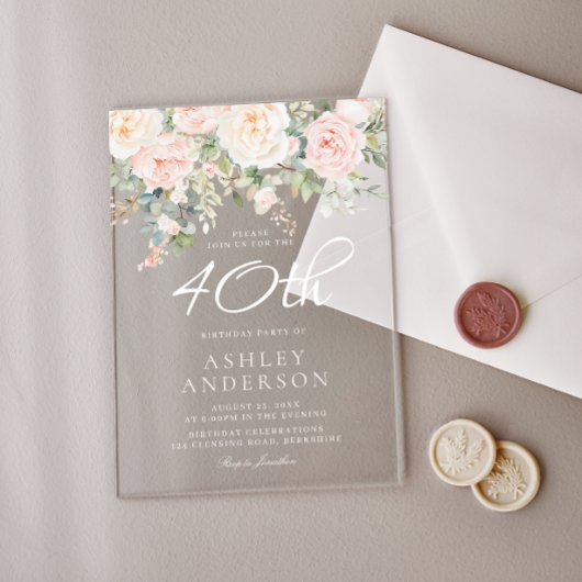赤面ピンクフローラ女性40th誕生日パーティー アクリル招待状