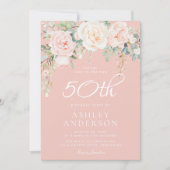 赤面ピンクフローラ女性50誕生日 招待状 (正面)