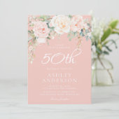 赤面ピンクフローラ女性50誕生日 招待状 (スタンド正面)