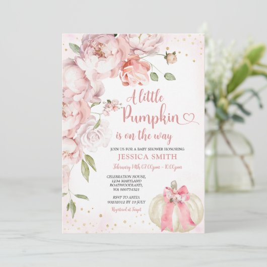 赤面ピンクフローラ小さなかぼちゃの赤ちゃんシャワー 招待状 (スタンド正面)