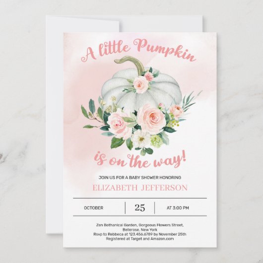 赤面ピンクフローラ小さなカボチャのベビーシャワー 招待状 (正面)