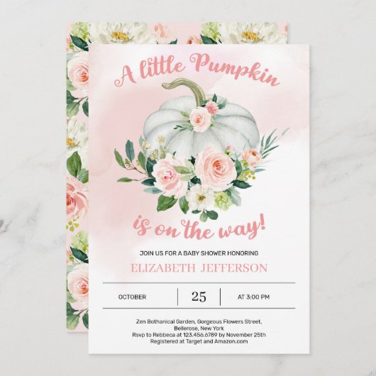 赤面ピンクフローラ小さなカボチャのベビーシャワー 招待状 (正面/裏面)