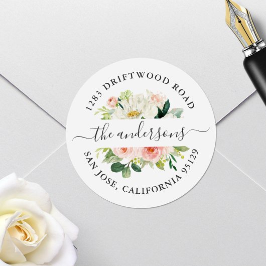 赤面ピンクフローラ差出人住所封筒用シール ラウンドシール