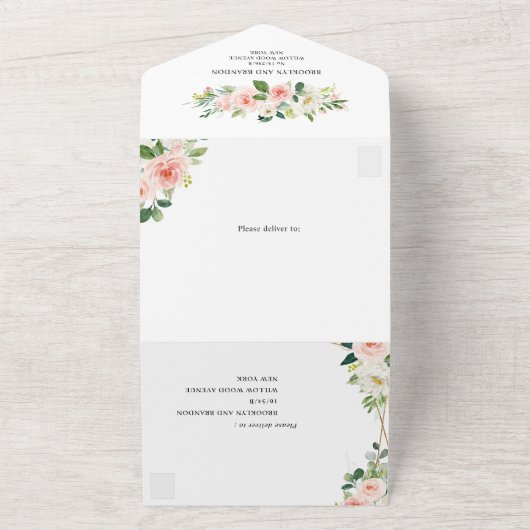 赤面ピンクフローラ幾何学植物結婚の オールインワン招待状 (外側)