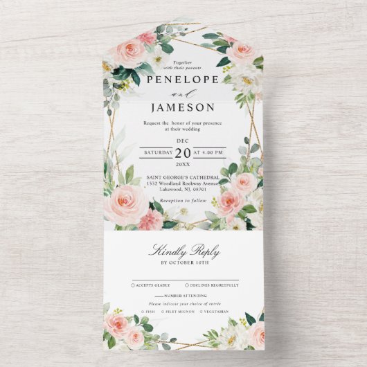 赤面ピンクフローラ幾何学植物結婚の オールインワン招待状 (内側)