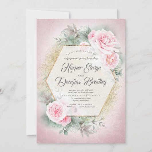 赤面ピンクフローラ幾何学模様婚約パーティ 招待状 (正面)