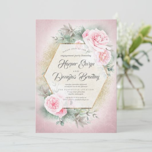 赤面ピンクフローラ幾何学模様婚約パーティ 招待状 (スタンド正面)