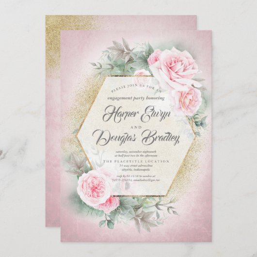 赤面ピンクフローラ幾何学模様婚約パーティ 招待状 (正面/裏面)