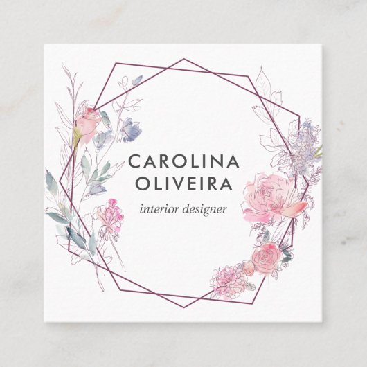 赤面ピンクフローラ幾何学模様 スクエア名刺 (正面)