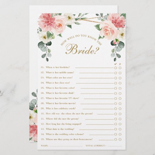 赤面ピンクフローラ幾何学的ブライダルシャワーゲーム (正面/裏面)