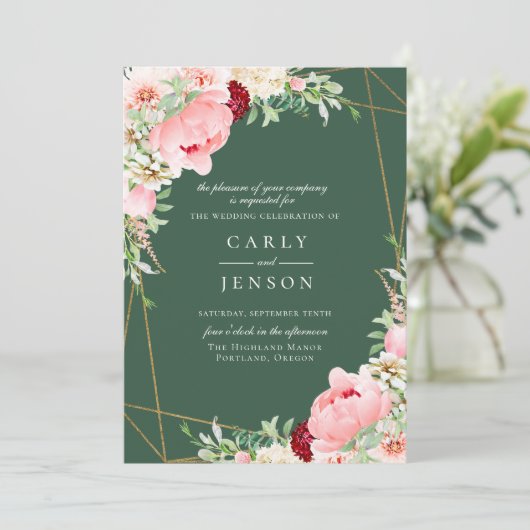 赤面ピンクフローラ幾何学的結婚グリーン 招待状 (スタンド正面)