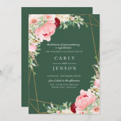 赤面ピンクフローラ幾何学的結婚グリーン 招待状 (正面/裏面)